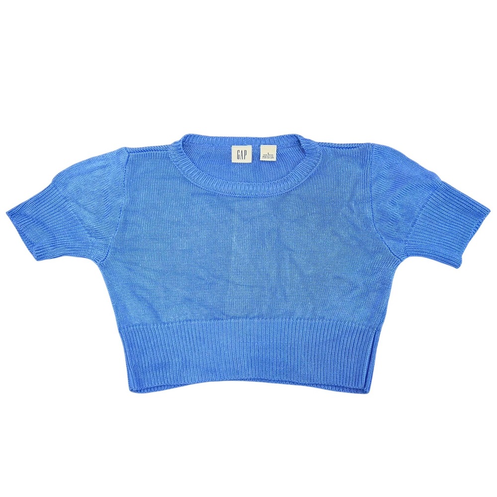 GAP Knit Sweater Women Small Blue Short Sleeve Cropped Rayon Vintage Made In USA
